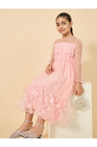 Butterfly Appliques Mesh Insert Long Sleeve Dress