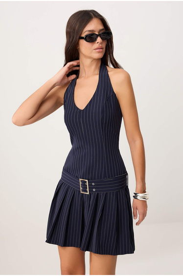 Multicolor Belt Li Striped Pleated Short / Mini Woven Dress