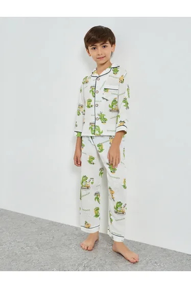 Boys Dino Print Button Front Shirt and Pjyama Set