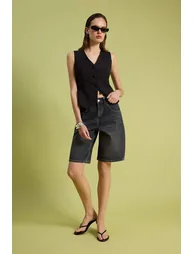Anthracite High Waist Denim Bermuda