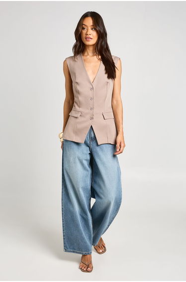 Tall V-Neck Pocket Detail Waistcoat - mushroom