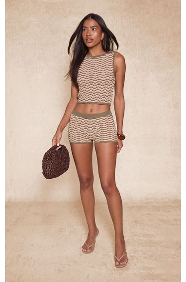 Olive Wave Stripe Knit Mini Short