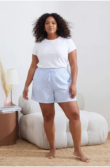 Blue Striped Shorts-Pants Package Woven Plus Size Pajama Bottoms