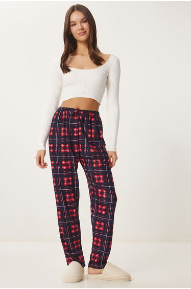 Women's Navy Blue Red Patterned Soft Texture Knitted Pajama Bottoms