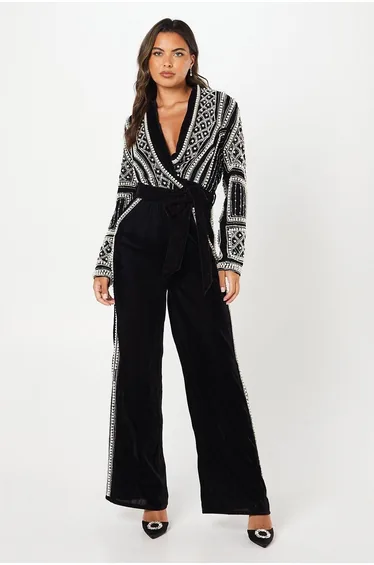 Pearl Beaded Velvet Wrap Jumpsuit
