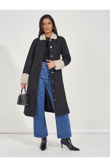 Regular Fit Buttoned Wool Like Coat with Faux Fur Trim