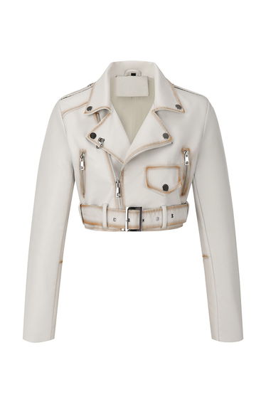 White Cropped Biker Jacket with Belt