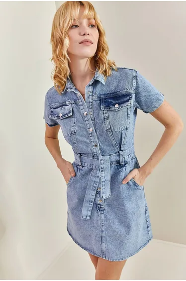 LUCCI Mini Denim Dress with Shirt Collar and Belt