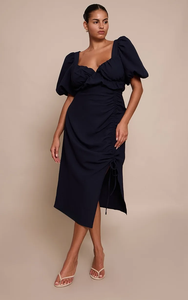 puff sleeve ruched side split midi dress PrettyLittleThing Women's Plus Puff Sleeve Ruched Split Side Midi Dress in Deep Red