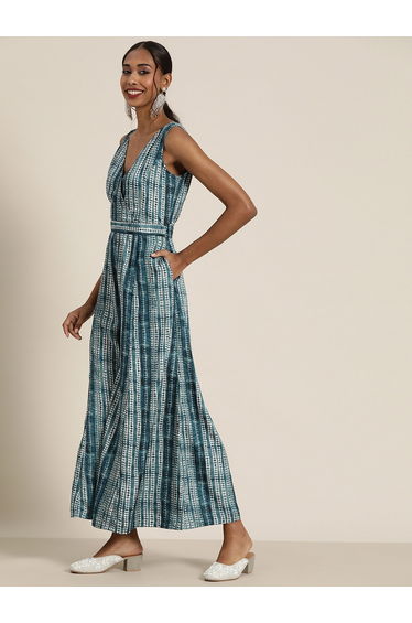 Shibori Print V Neck Sleeveless Wrap Jumpsuit