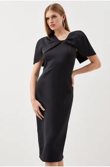 Scuba Asymmetric Neckline Woven Midi Dress