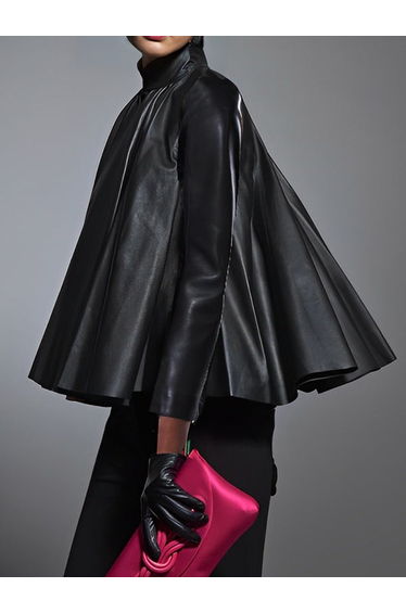 A-line Long Sleeves Big Hemline Solid Color Stand Collar Leather Top