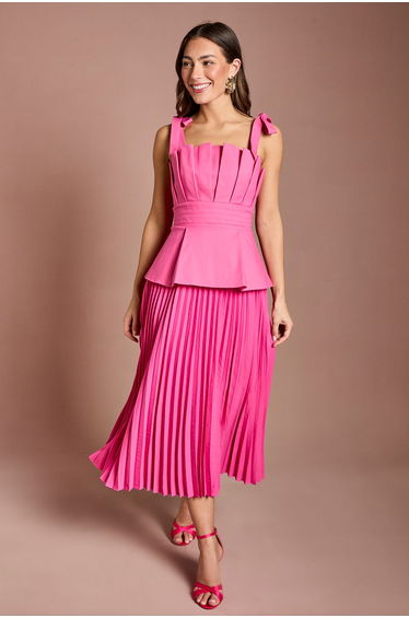 Pleat Bodice Bow Shoulder Peplum Midi Dress