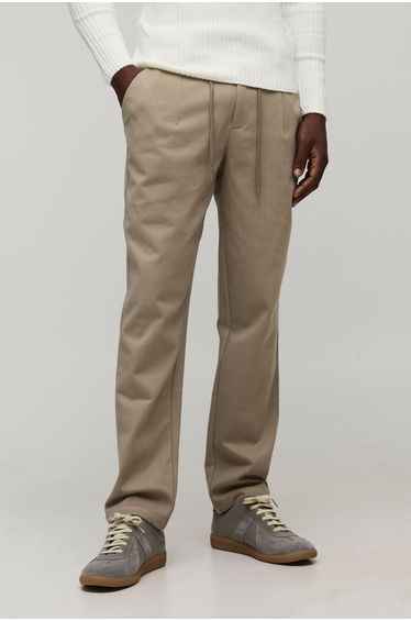 Tapered Fit Half & Half Waistband Textured Trouser - taupe