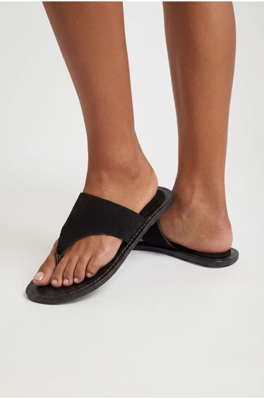 Faux Suede Stitch Detail Toe Post Sandals - black