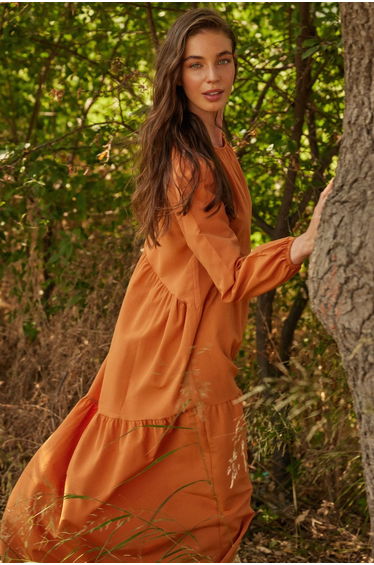 Brown A-Line Maxi Smock Dress with Long Sleeves