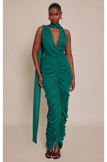 Emerald Chiffon Scarf Detail Ruched Maxi Dress