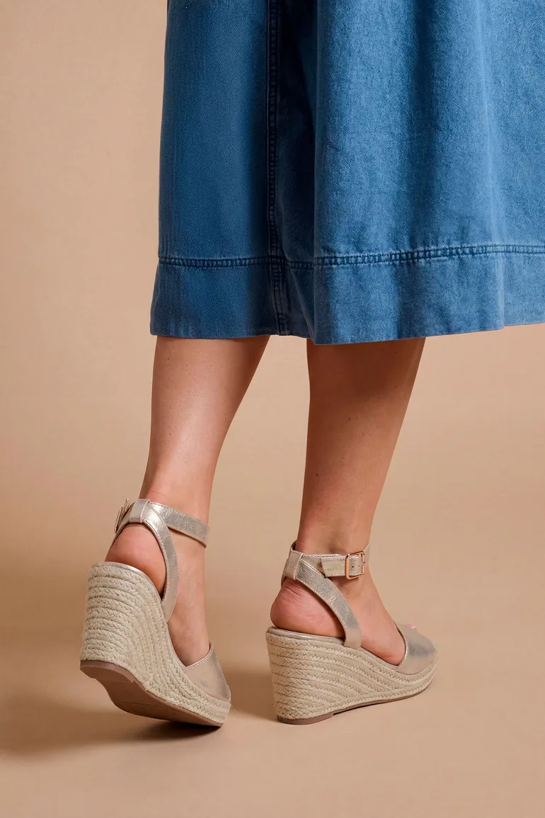 Wide Fit Rebekah Metallic Textile Peep Toe Espadrille Wedge Sandals - 1