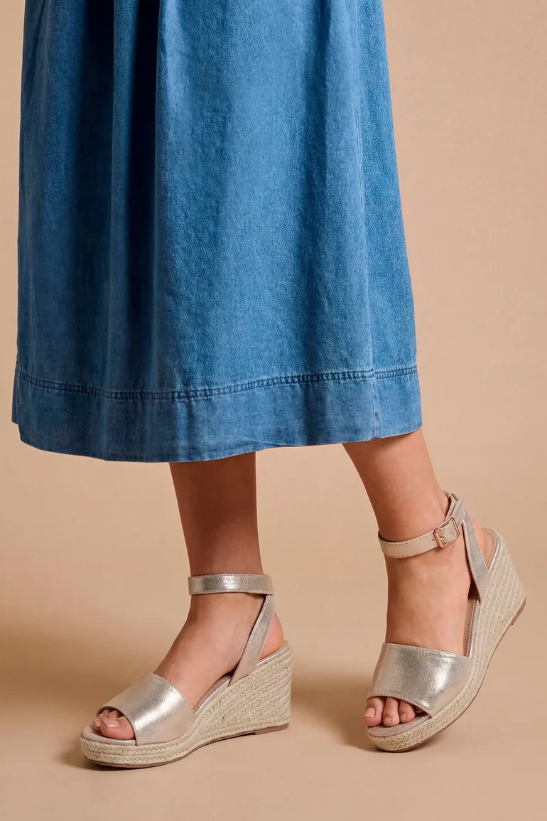 Wide Fit Rebekah Metallic Textile Peep Toe Espadrille Wedge Sandals