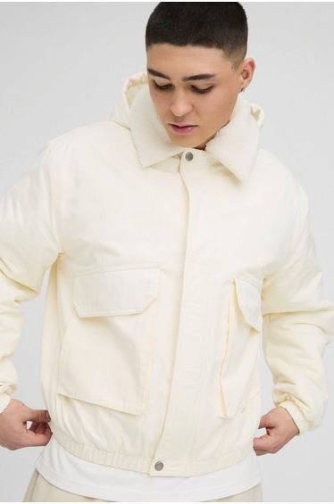 Oversized Borg Collar Twill Hooded Bomber Jacket - ecru