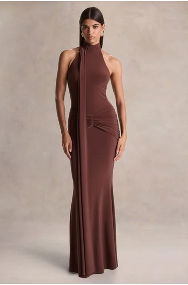 Hyla | Brown High-Neck Maxi Dress With Sash-Detail