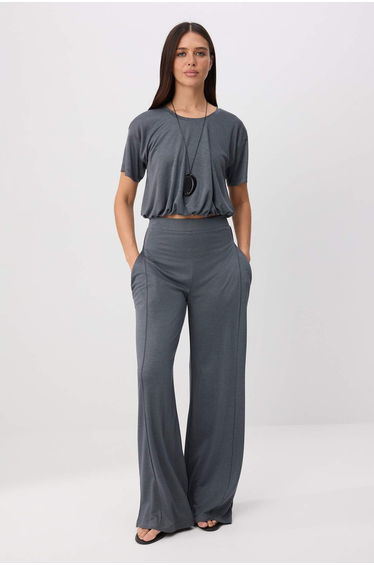 Anthracite Regular Short Sleeve Regular Waist Wide Leg Crop/Short Pique Knitted Bottom Top Set
