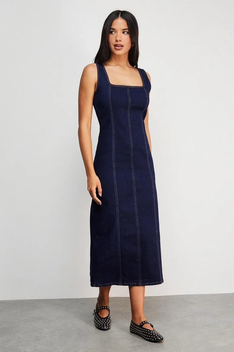 Seam detail fitted denim midi dress Warehouse Navy : Day Dresses :  VogaCloset Libya