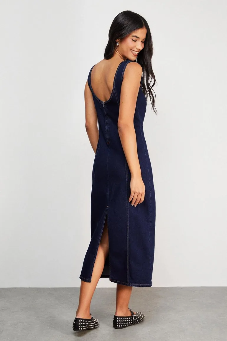 Seam detail fitted denim midi dress Warehouse Navy : Day Dresses :  VogaCloset Libya