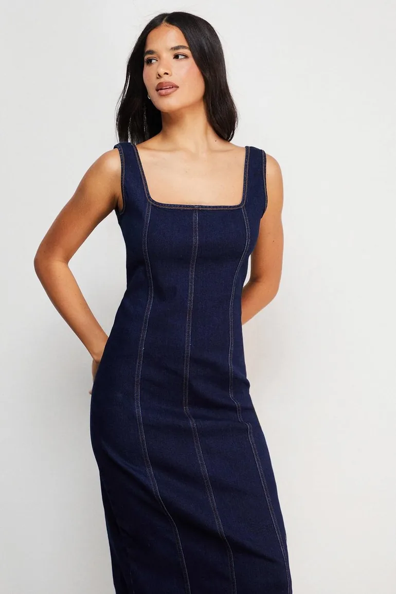 Seam detail fitted denim midi dress Warehouse Navy : Day Dresses : VogaCloset Libya Seam detail fitted denim midi dress Warehouse Navy : Day Dresses : VogaCloset Libya