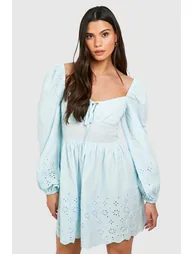 Broderie Sweetheart Neck Mini Dress - blue - 2