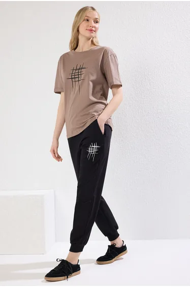 Mink Slogan Printed Knitted T-shirt Trousers Upper-Lower Team