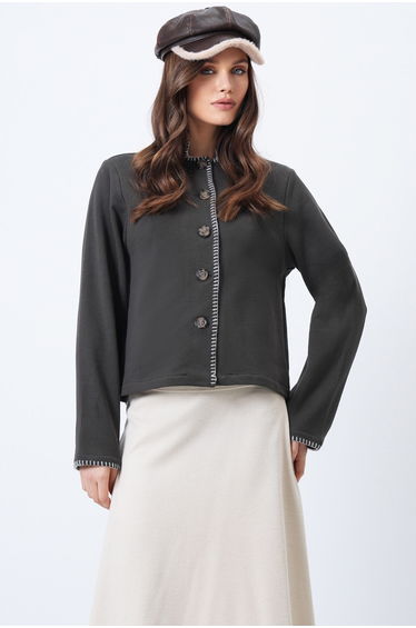 Women's Dark Brown Judge Collar Shepherd Stitched Cardigan