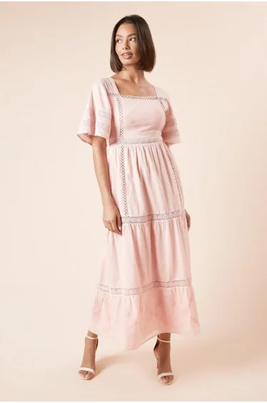 Embroidered Front Angel Sleeve Midi Dress