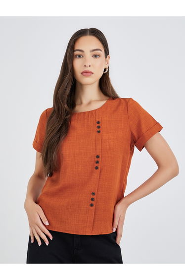 Textured Button Detail Short Sleeve Top