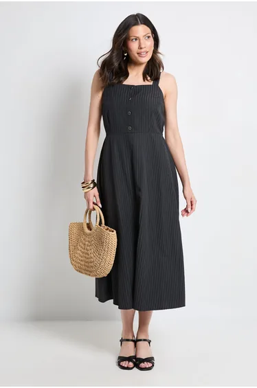 Square Neck Button Midi Dress