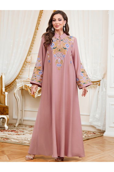 Women Faux Pearl Detail Round Neck Jalabiya