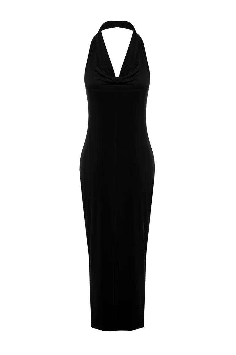 Black Plunging Neck Flexible Knitted Midaxi Dress - 2