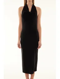 Black Plunging Neck Flexible Knitted Midaxi Dress - 6