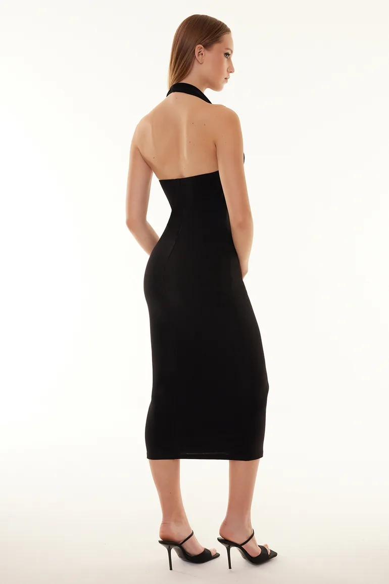 Black Plunging Neck Flexible Knitted Midaxi Dress - 1