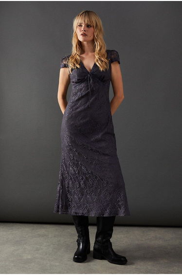 Lace Cap Sleeve Bow Front Midi Tea Dress