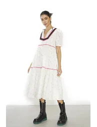 Ditsy-Rose Stripe-Black Button-Front Shift Midaxi-Dress