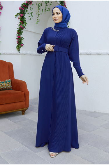 Pleated Belt Dress - Indigo