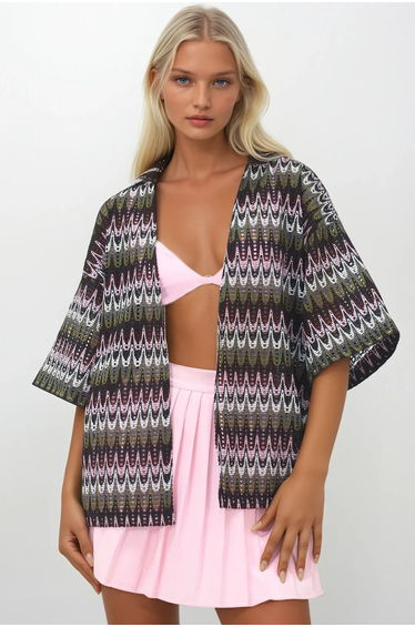Women's Khaki Hole Openwork Patterned Guipure Kimono