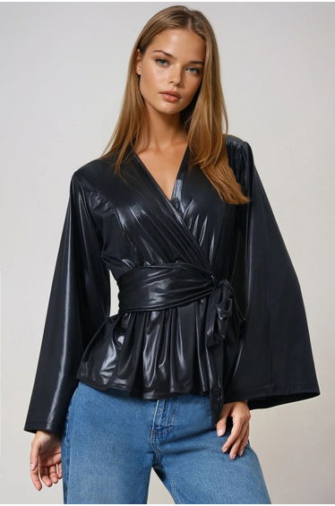 Women's Black Double-Breasted Waist Tied Faux Leather Blouse