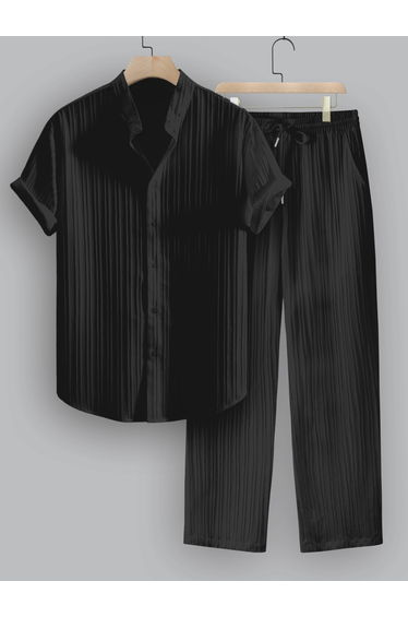 Striped Stand Collar Short Sleeve Shirt and Trousers Co-Ords
