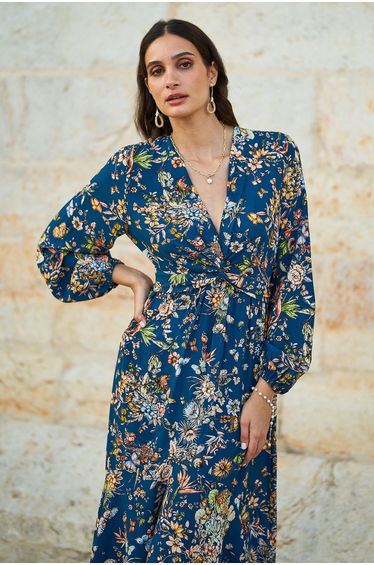 Yumi Blue Butterly Floral Tie Knot Front Long Sleeve Midi Dress product thumbnail 2