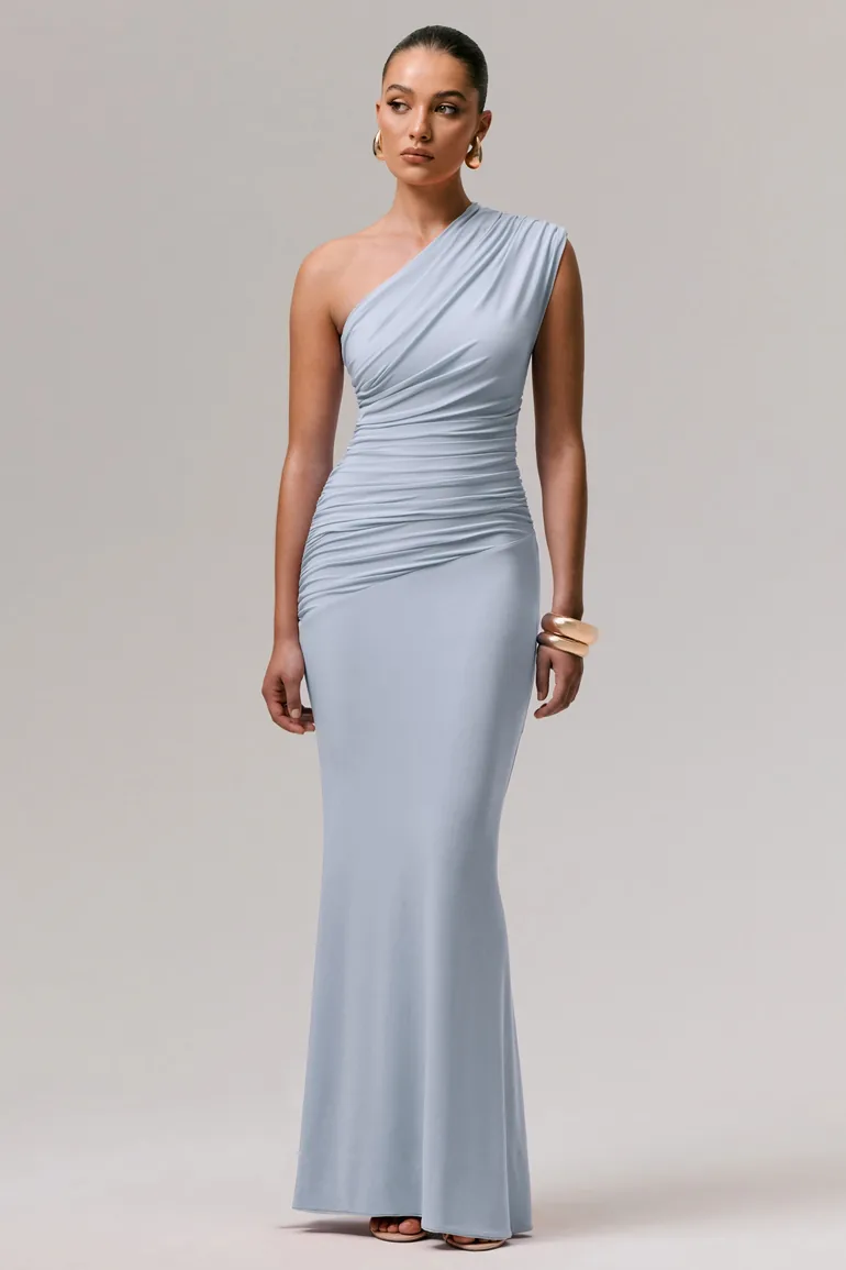Mardi | Powder Blue Asymmetric Maxi Dress With Ruching - 1