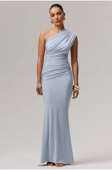 Mardi | Powder Blue Asymmetric Maxi Dress With Ruching
