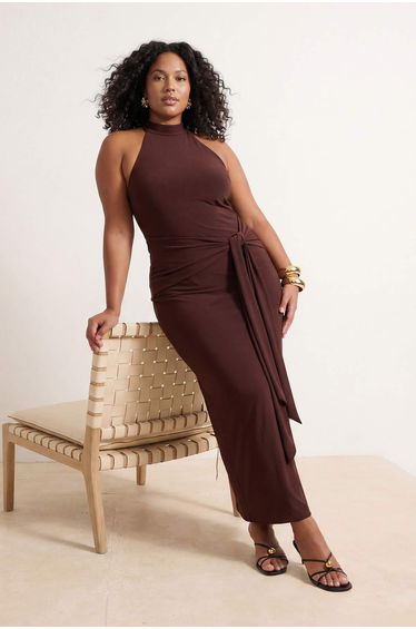 Brown Belt Detailed Halter Neck Bodycon Stretchy Maxi Knitted Plus Size Dress