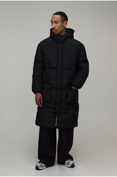 4 Pocket Longline Hooded Puffer Jacket - black
